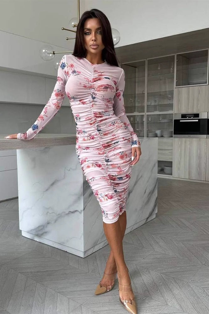 Printed Ruched Long Sleeve Midi Dress
