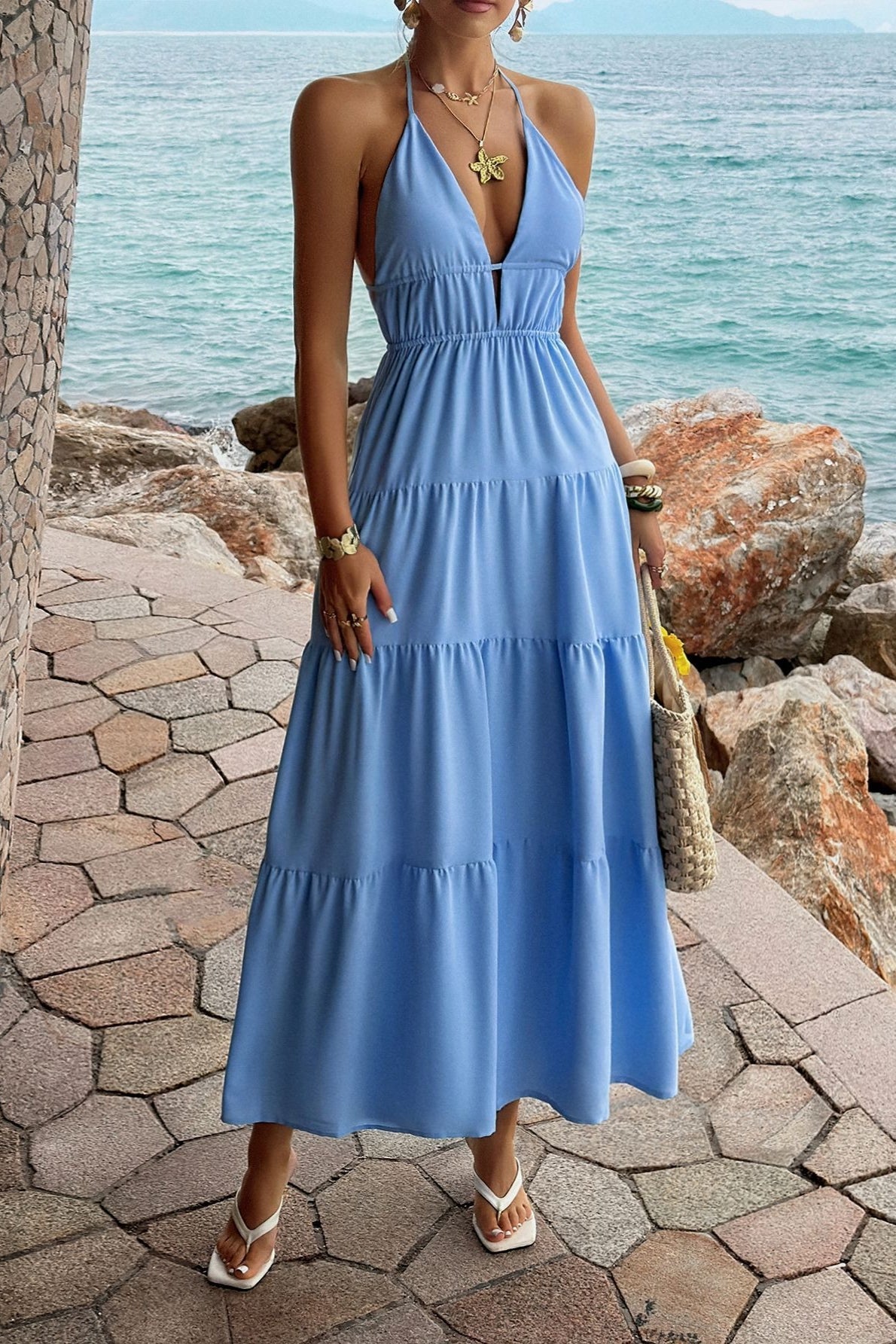 Deep V Neck Halter Smocked Waist Tiered Maxi Dress 10