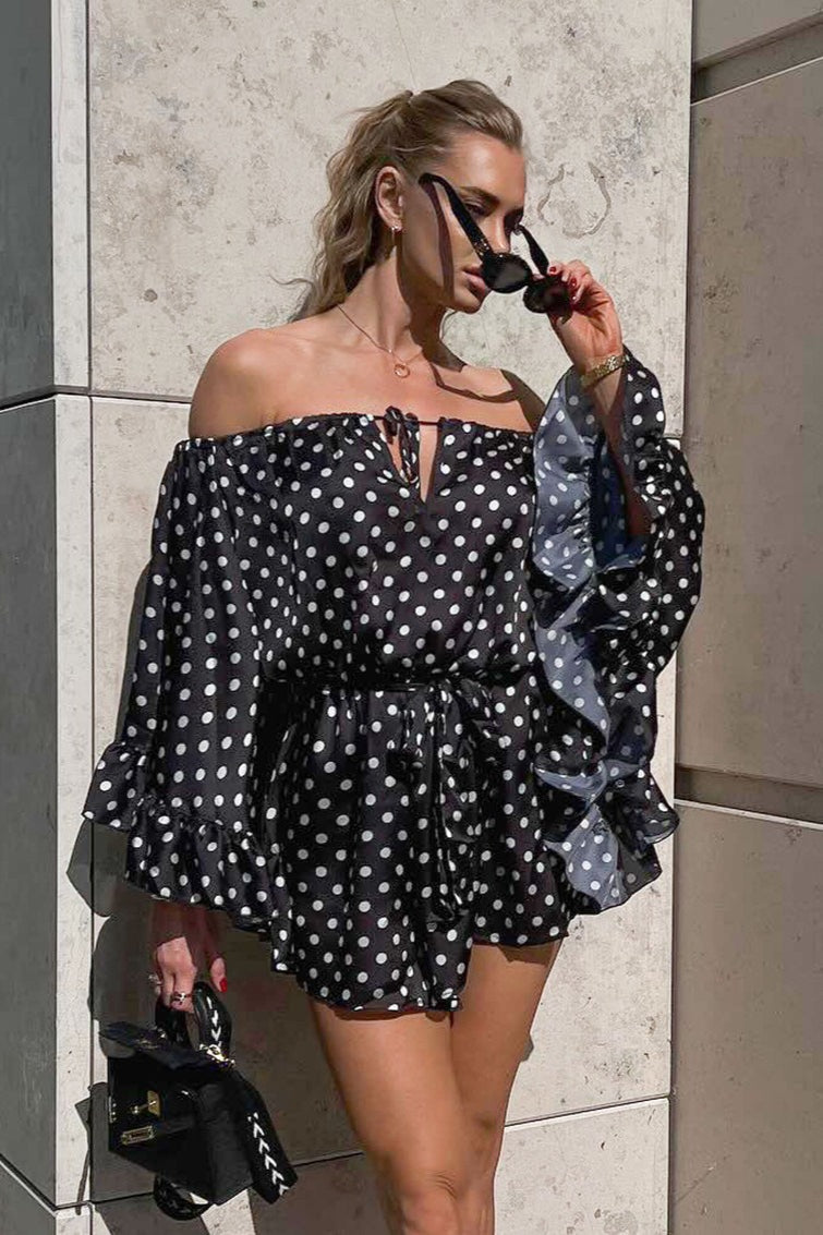 Polka Dot OffShoulder Ruffle Mini Dress