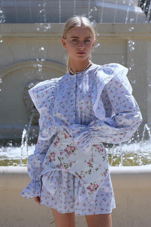White Long Sleeve Ruffle Trim Detachable Belt Mini Floral Print Dress