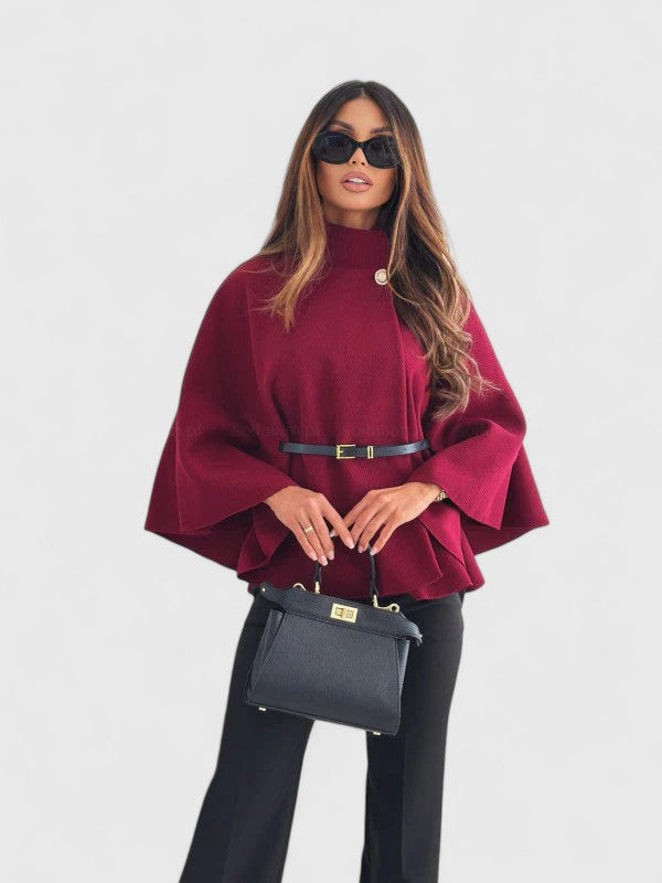 Stand Collar Belted Cape Sleeve Poncho Jacket