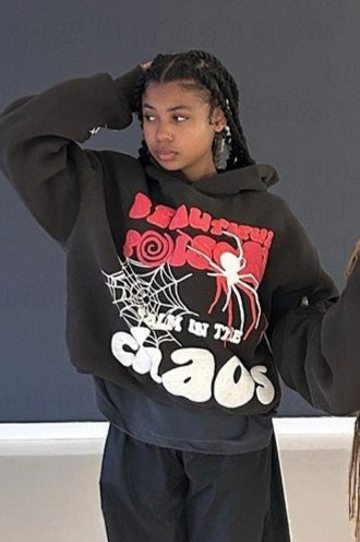 Loose Hip-hop Spider Web Print Hoodie