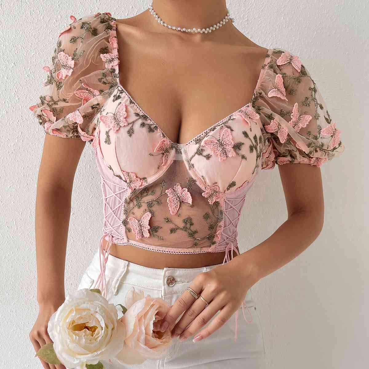 Butterfly Whispers Embroidery Charming Mesh Corset Top
