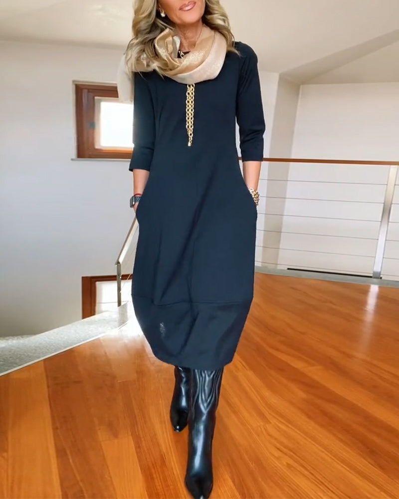 Round Neck Three Quarter Sleeve Pocket Cocoon Midi Dress