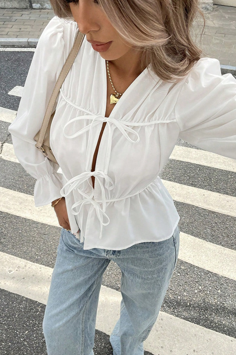 Waist-Tie Long-Sleeve Cardigan Blouse