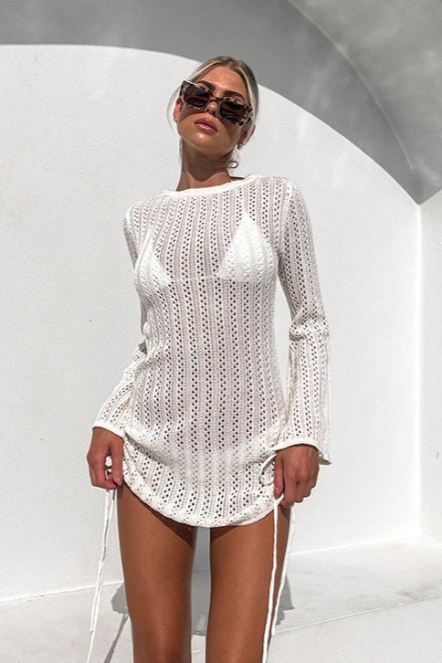 White Round Neck Crochet Knit Drawstring Side Ruched Bell Sleeve Mini Dress 4