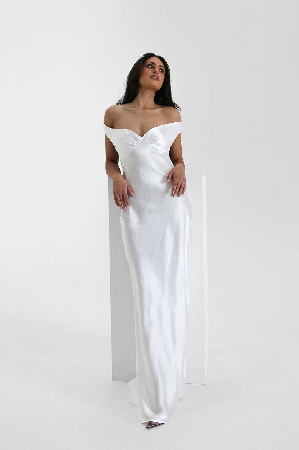 Satin Off-Shoulder Fishtail Maxi Party Dress