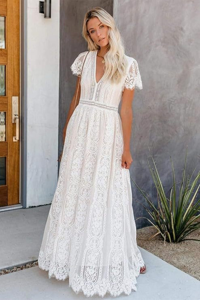 Deep V Neck Lace Cap Sleeve Empire Waist Scalloped Hem Maxi Dress