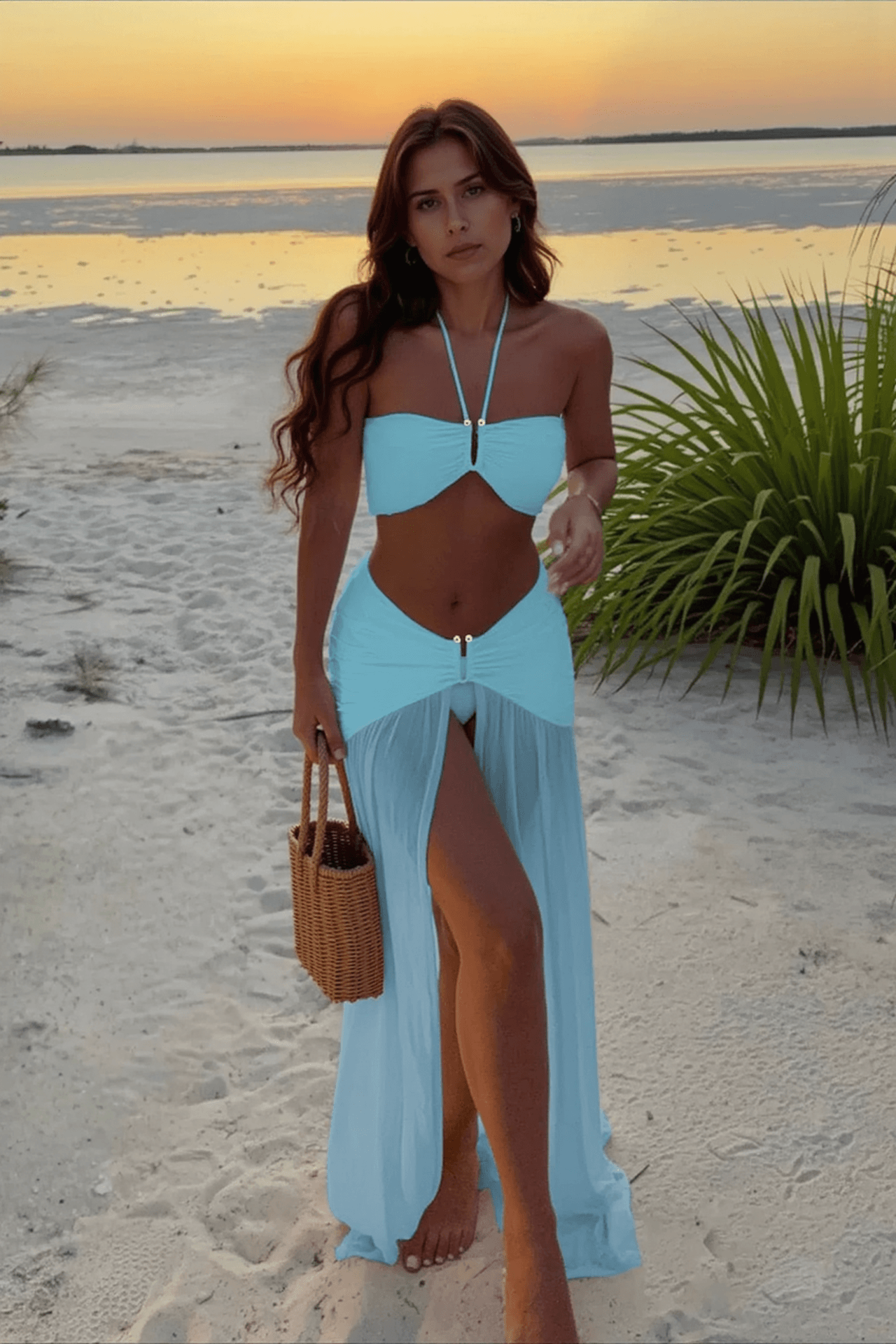 Halter Slit Long Dress Three Piece Swim Set