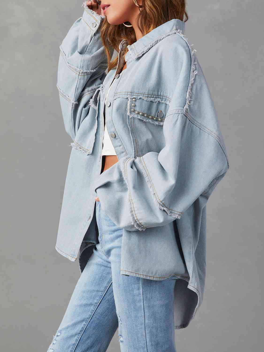 Long Raw Down Arm Denim Top Hem Button Jacket