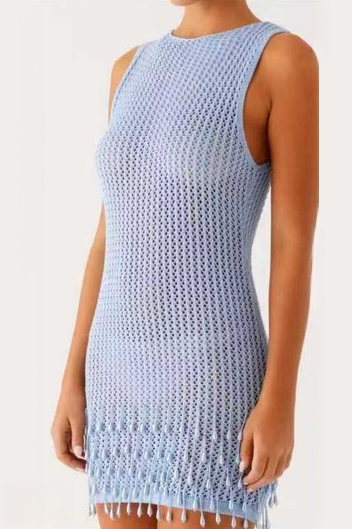 Crew Neck Open Knit Crochet Pearl Bead Fringe Mini Dress 5