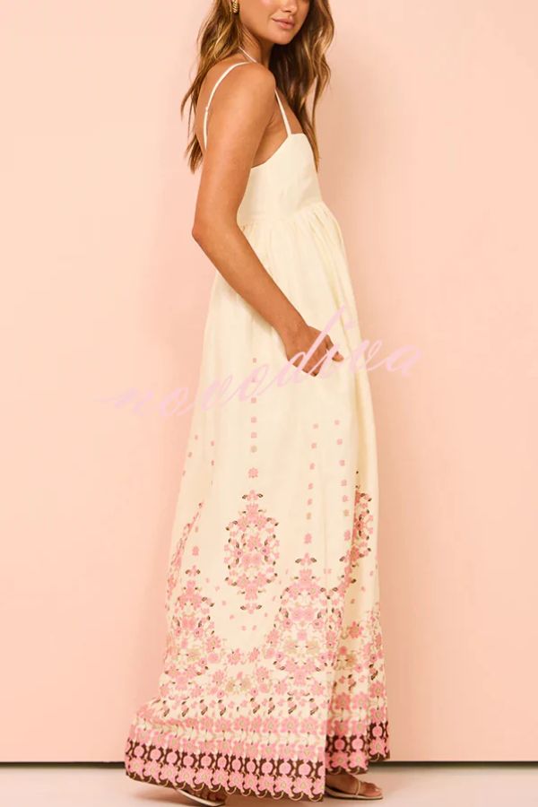 Wendy Elevated Paradise Flowers Linen Blend Unique Print Loose Maxi Dress with Straps and Pockets Statement Occasion Edit