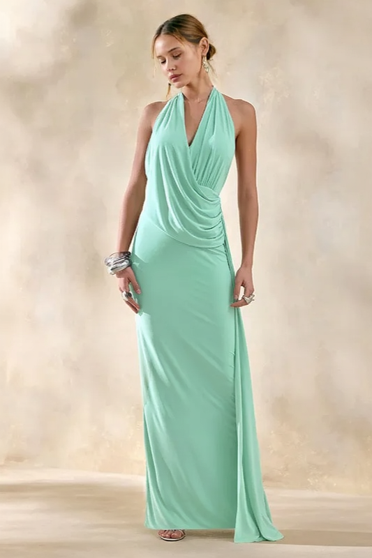 Asym Halter Backless Draped Party Dress
