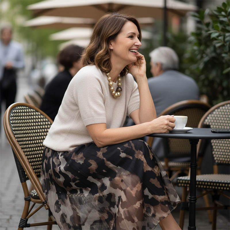 Crew Neck Short Sleeve Sweater And Leopard Flowy Maxi Skirt Set 6