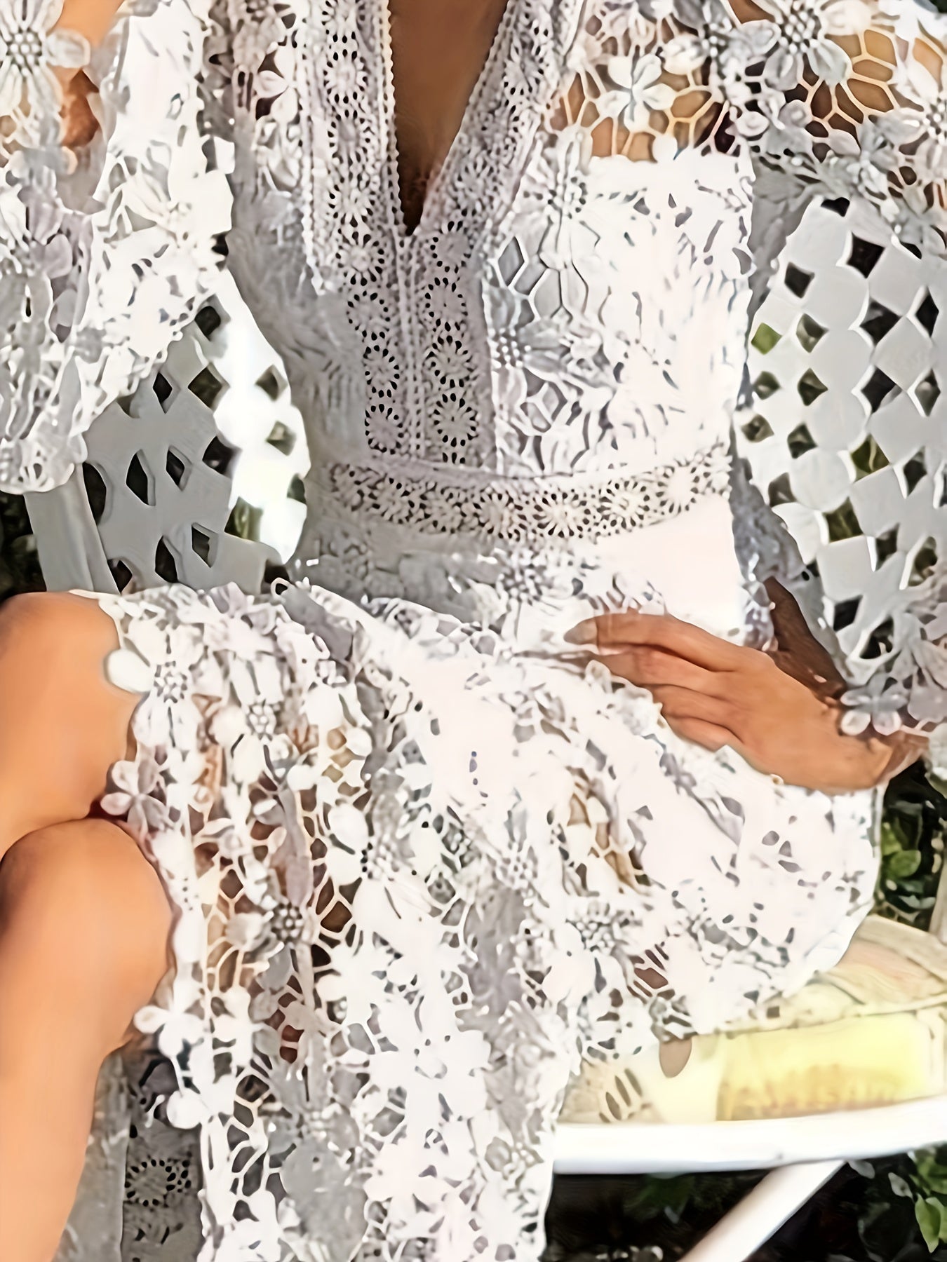 María Timeless Cotton Guipure Lace V Neck Long Sleeves Aprons Cocktail Festive Dress for Women Premium Wardrobe Essential