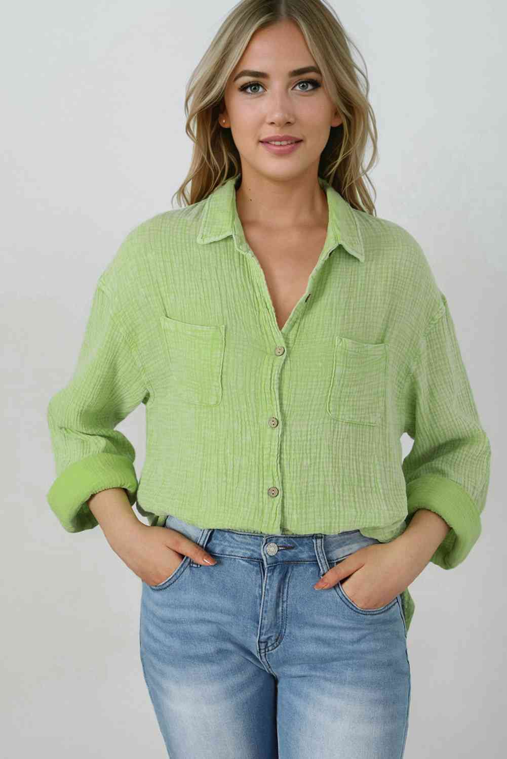 Textured Button Down Shirt Gum Leaf button down shirt clothes Ship From Overseas shirt SYNZ top