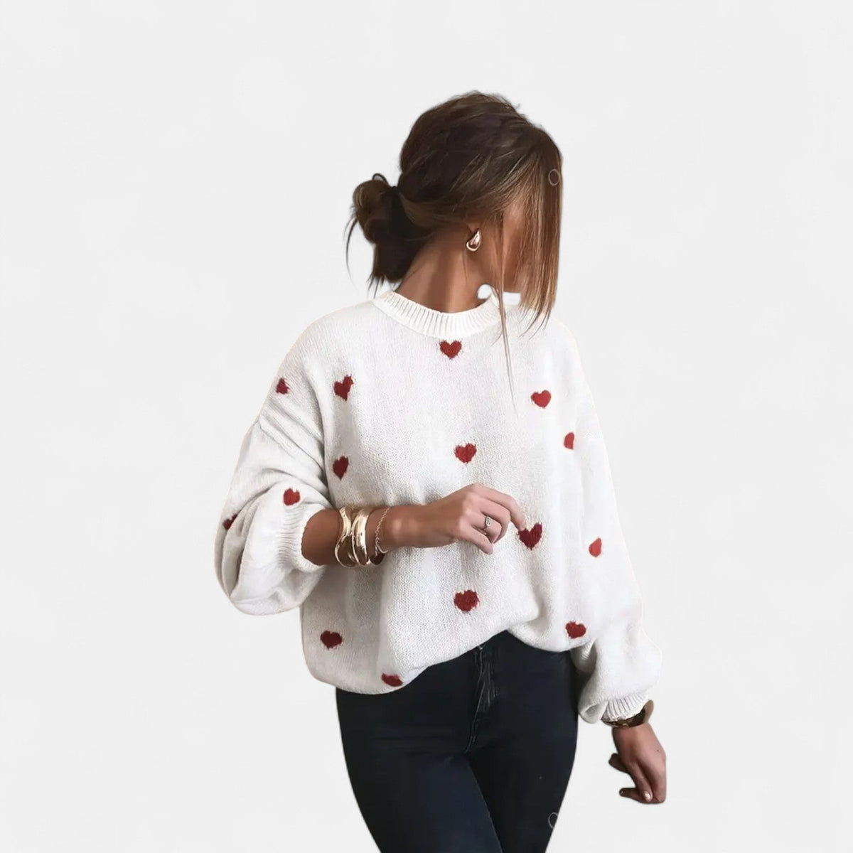 Round Neck Heart Motif Knit Long Sleeve Sweater