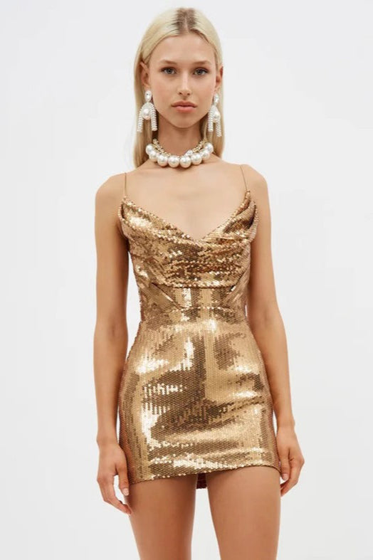 Golden Deep V Neck Spaghetti Strap Sequin Mini Dress 2