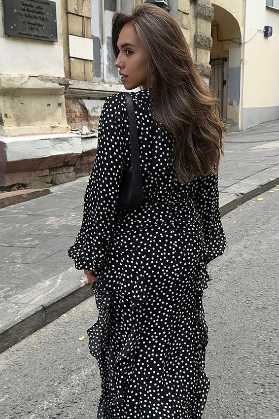 Black V-Neck Polka Dot Puff Sleeve A-Line Maxi Dress 3