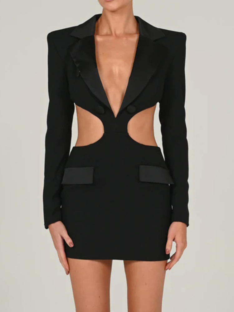 Long Sleeve Elegant Office Sexy Patchwork Backless Dress