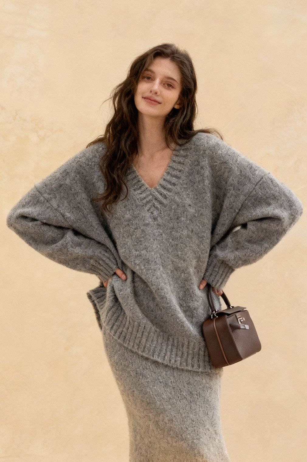 Lazy Vneck Knit Sweater Mermaid Skirt Two Piece Set