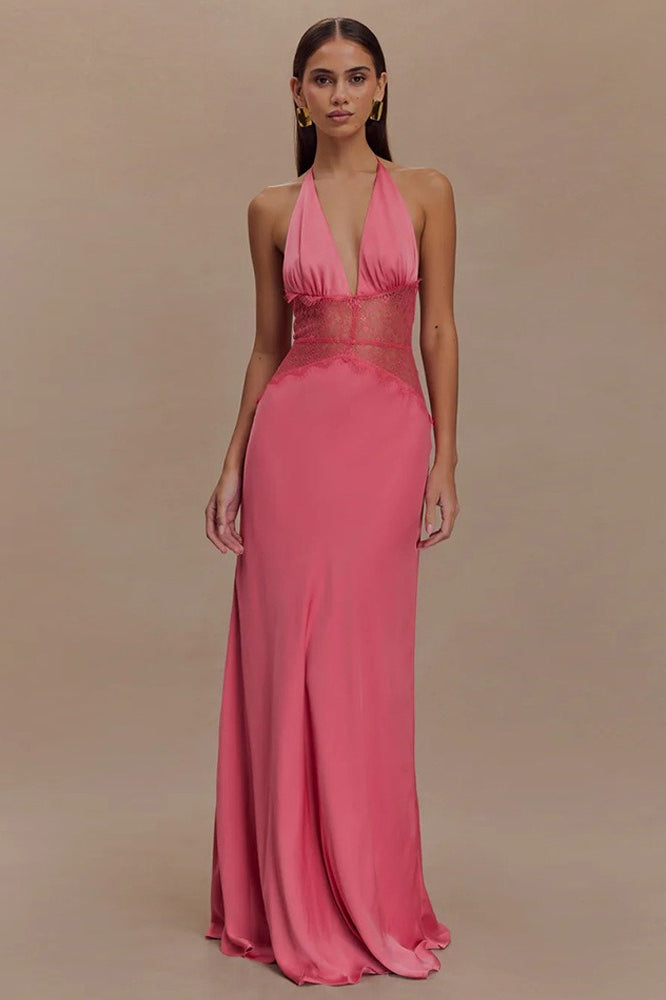 Solid Lace Sheer Halter Tie Back Slip Dress