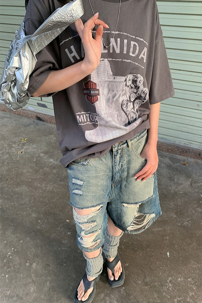 Distressed Frayed Hem Mid Length Denim Shorts