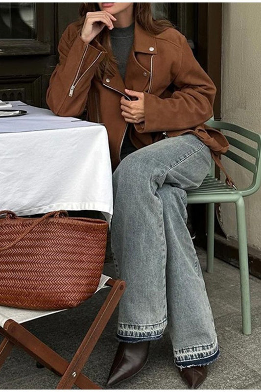 Fashionable Zippered Cropped Biker Jacket