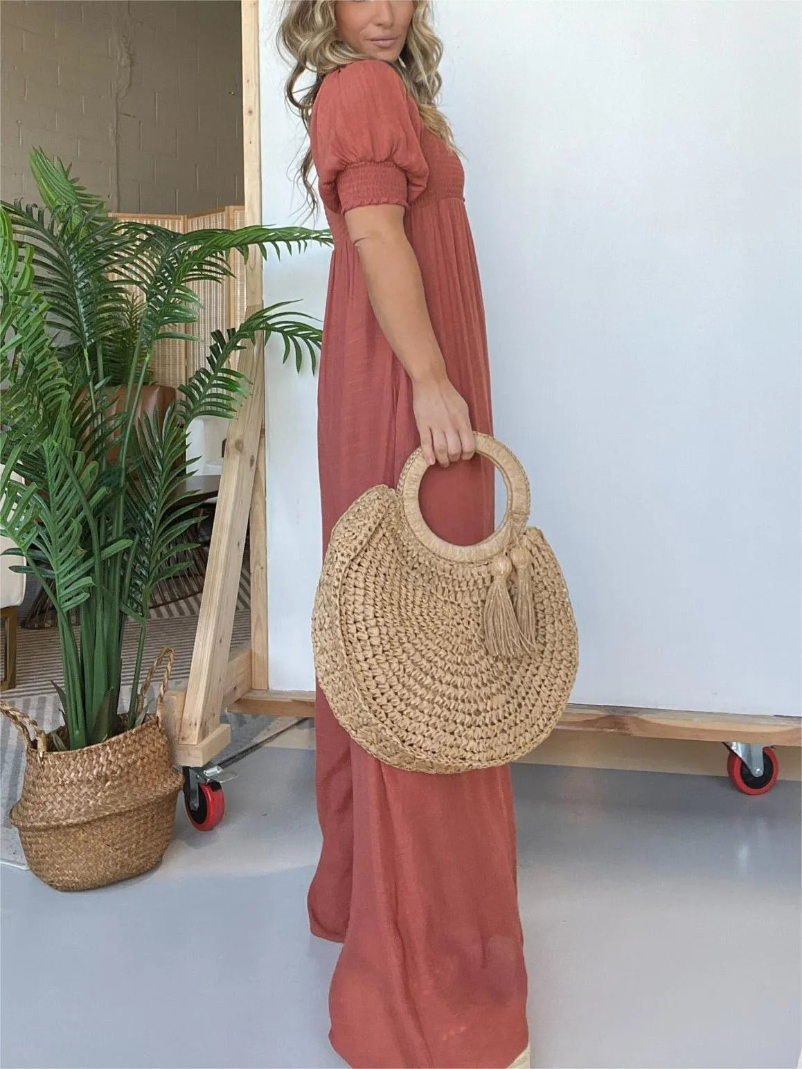 Square Neckline Jumpsuit With Smocked Bodice Button