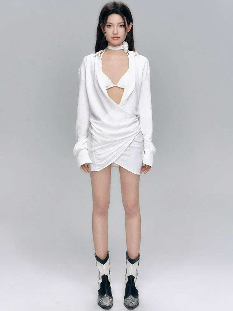 White Asymmetrical Wrap Dress with Bikini Top