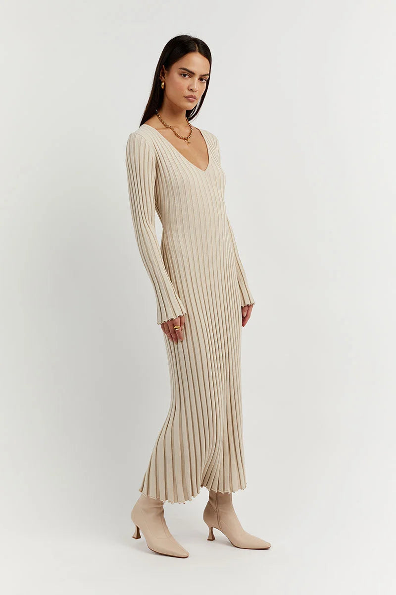 Sasha Timeless Knitted Midi Dress with V Neck and Sleeves Evening Wear Edit