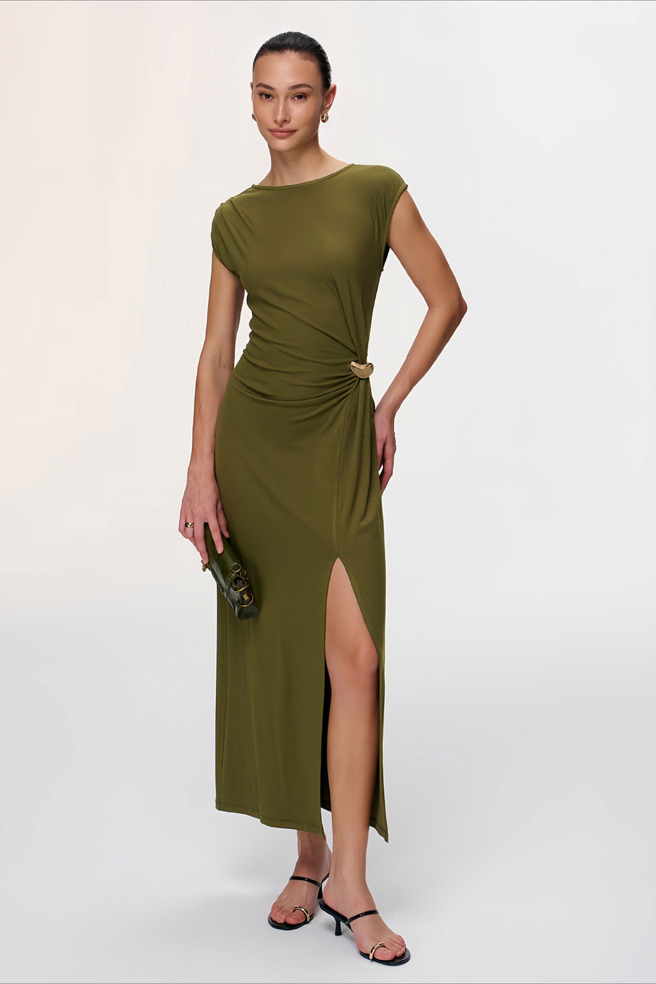 Slim Sleeveless Buckle High Slit Work Dress