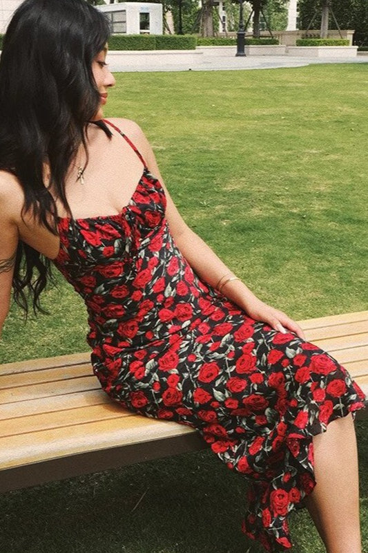 Square Neck Mermaid Midi Slim Strap Floral Dress