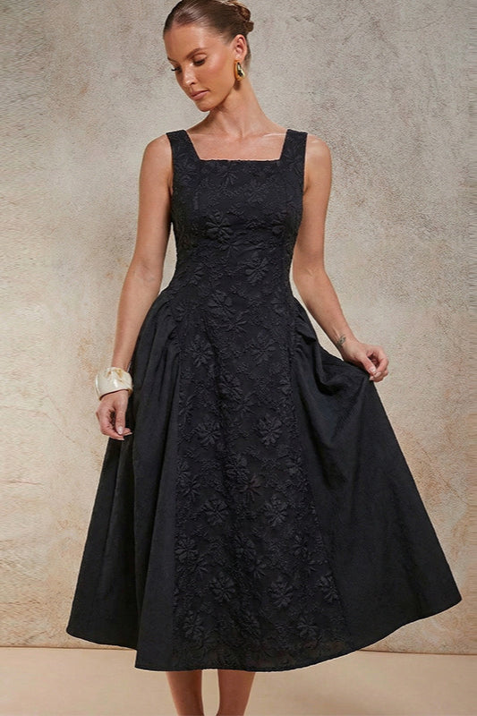 Black Embroidered Sleeveless Midi Dress