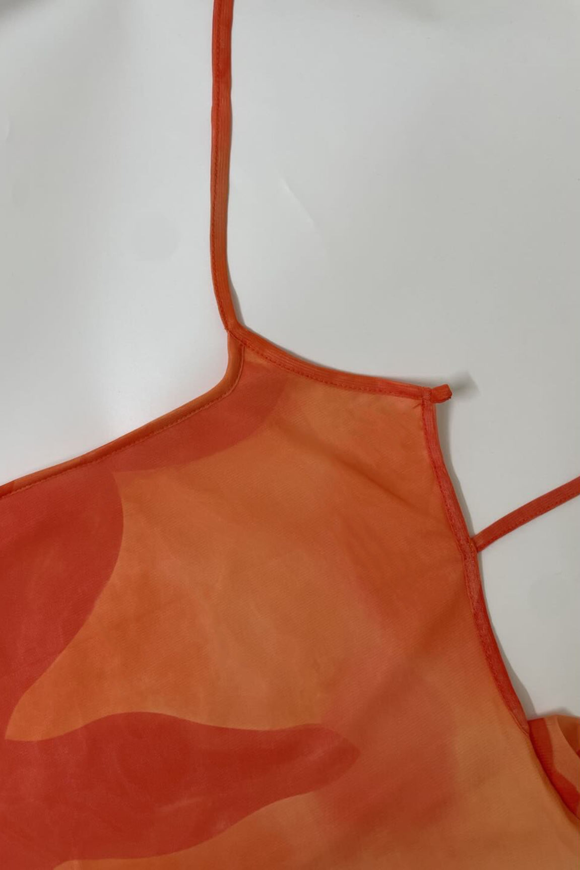 Orange Spaghetti Strap Square Neck Floral Print Mesh Overlay Side Slit Maxi Dress 9