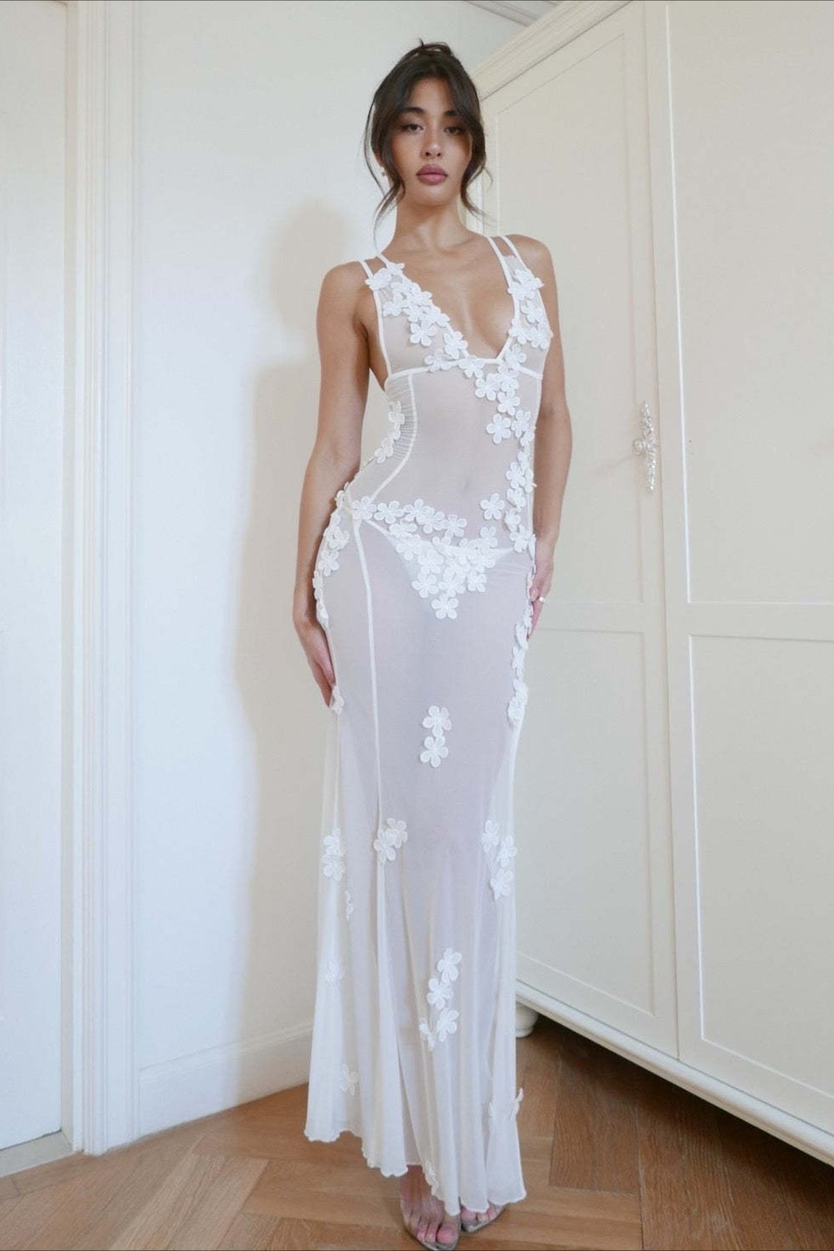 Deep V Mesh Backless 3D Floral Slip Dress
