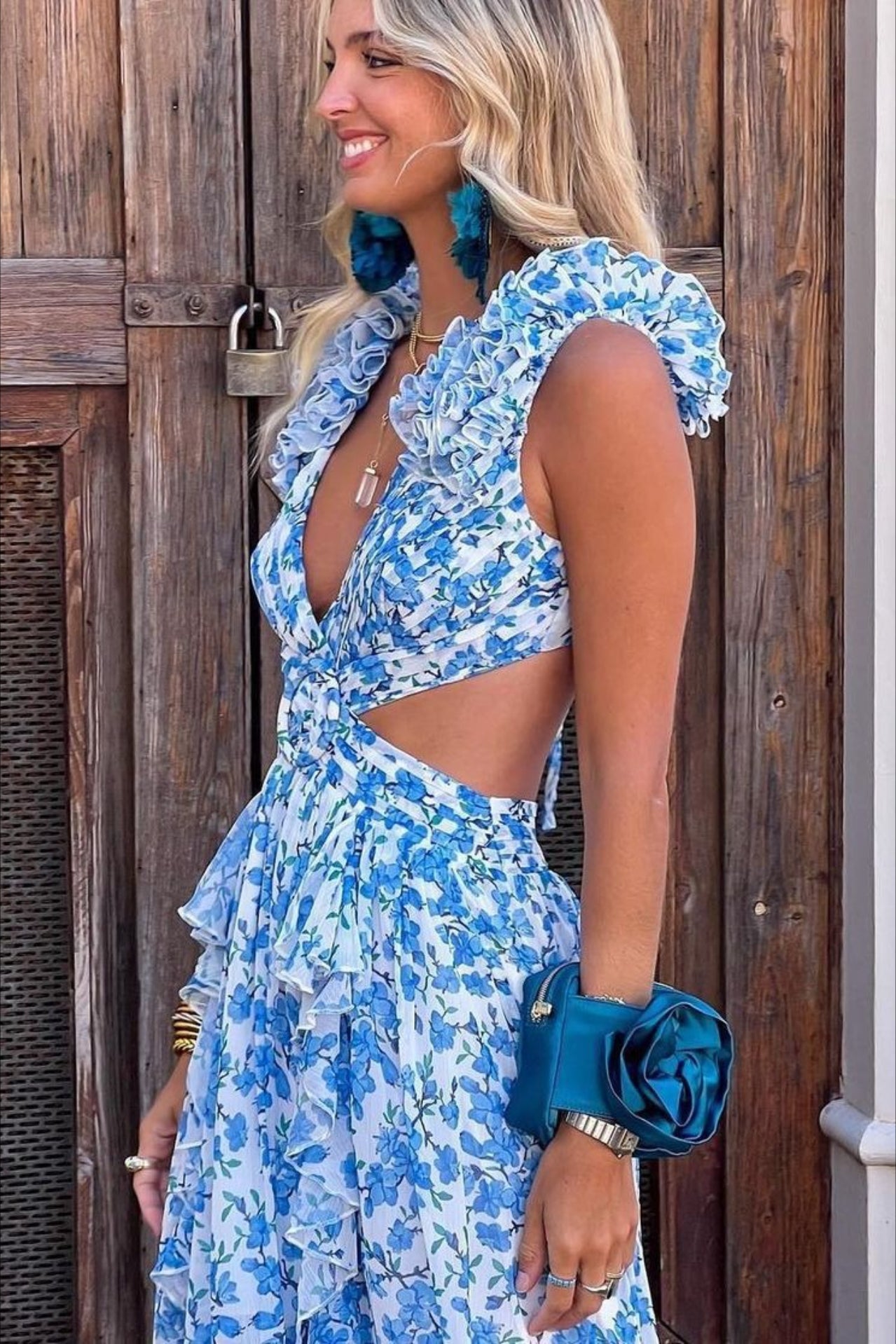 One Shoulder Ruffle Strap Cutout Tiered Blossom Print Maxi Dress 12
