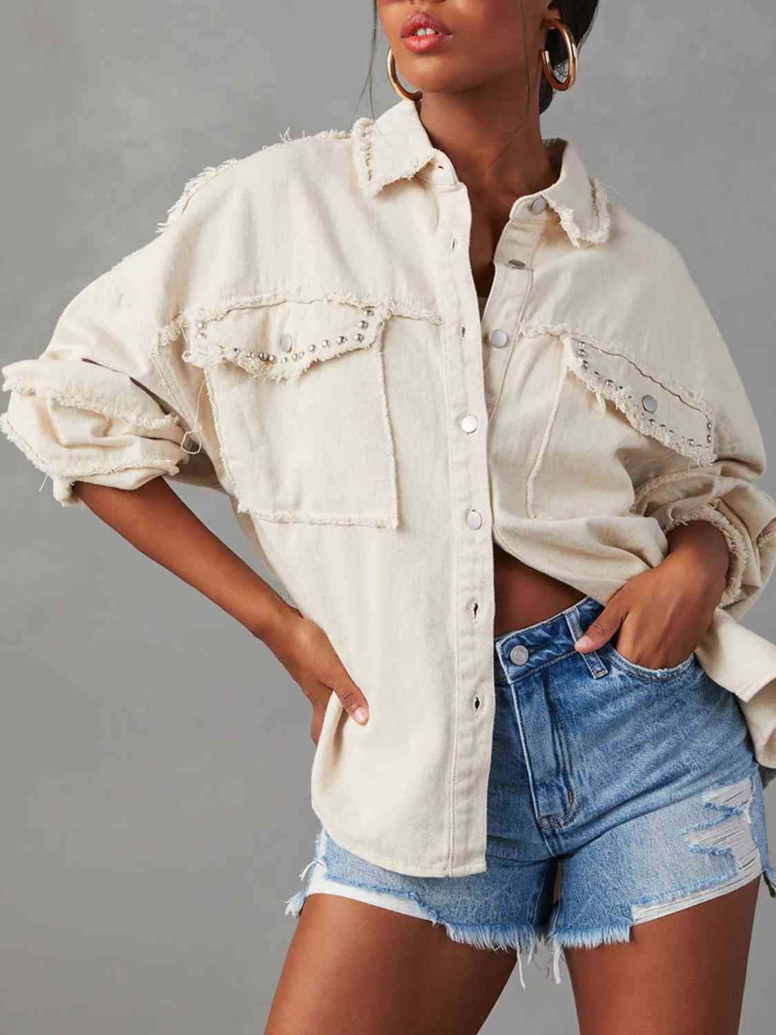 Long Raw Down Arm Denim Top Hem Button Jacket