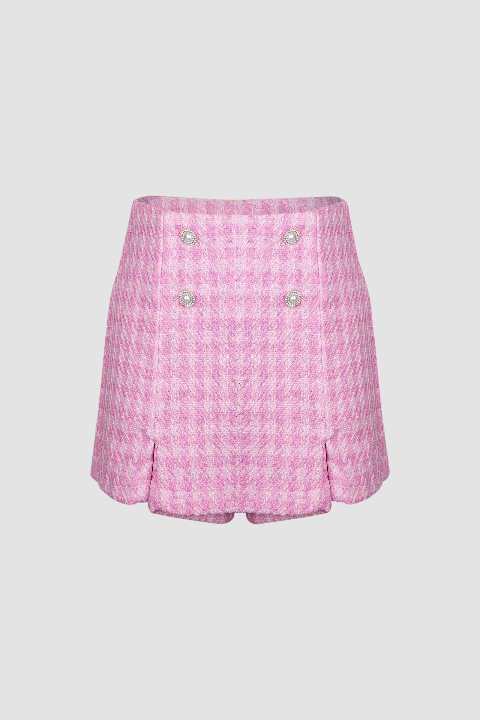 Pink Houndstooth Button Detail Split Hem Mini Skirt