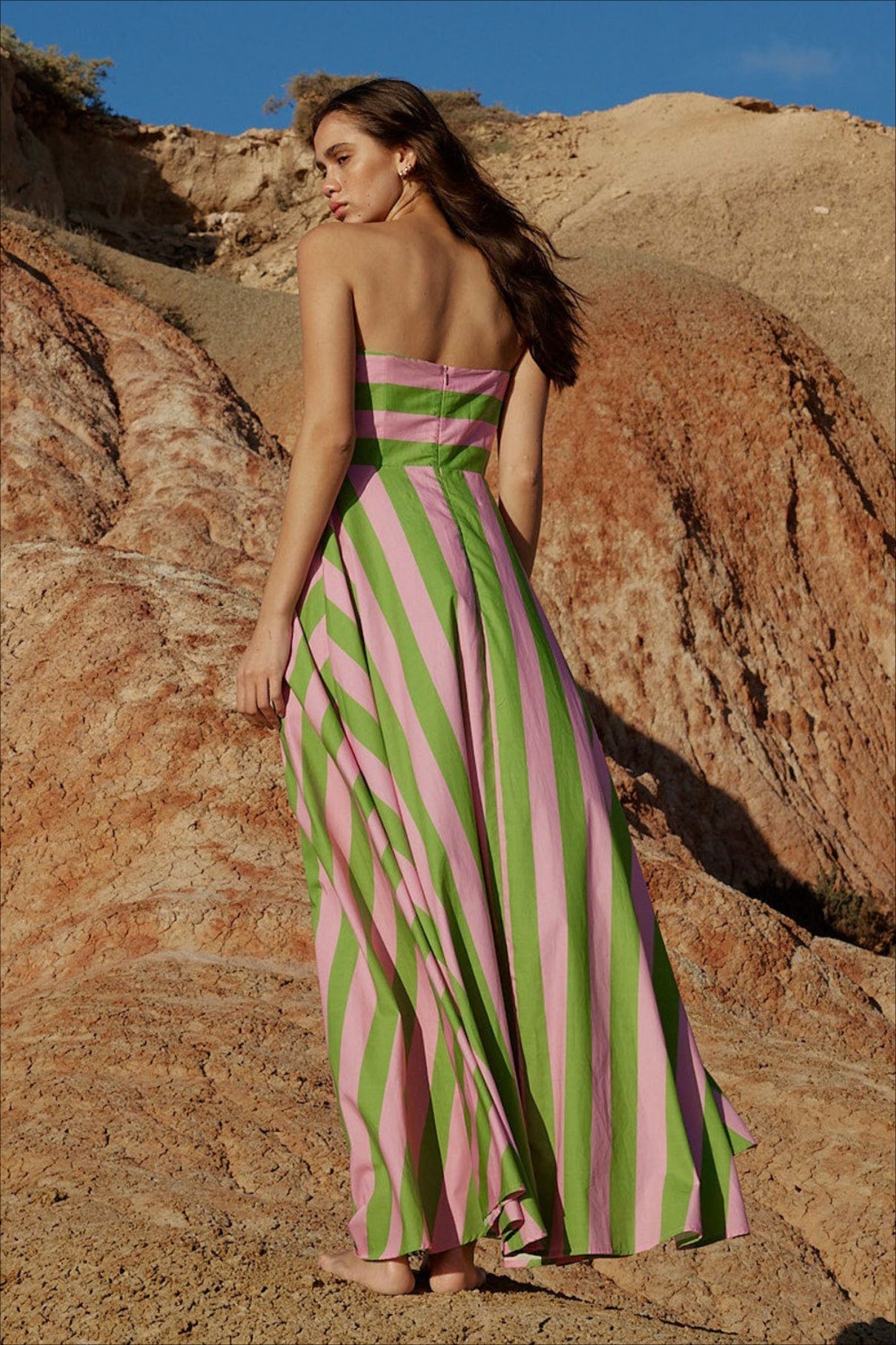 Spaghetti Strap Horizontal Diagonal Stripe A Line Maxi Dress 10