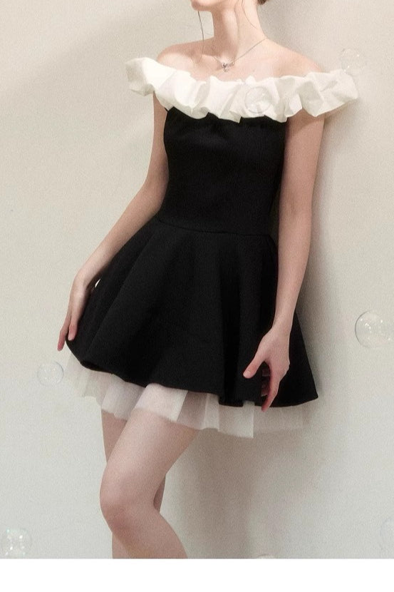 Black Ballet Neck Colorblock Mini Dress 4