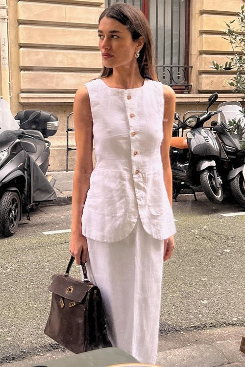 White Square Neck Sleeveless Vest Skirt Work Set