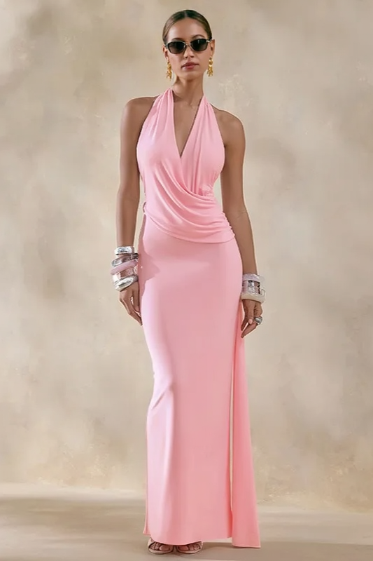 Asym Halter Backless Draped Party Dress