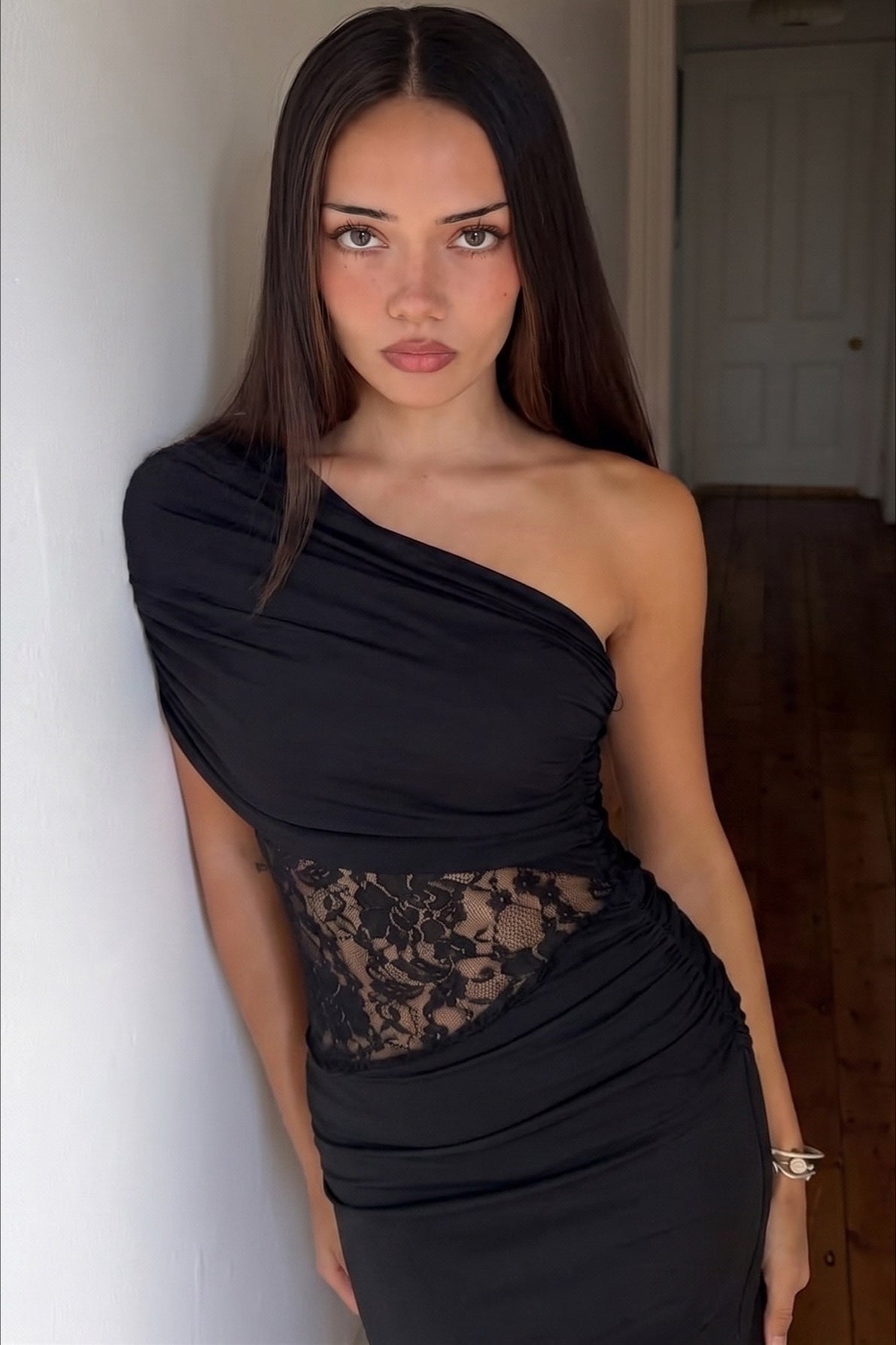 One Shoulder Ruched Waist Cinch Maxi Slim Bodycon Dress