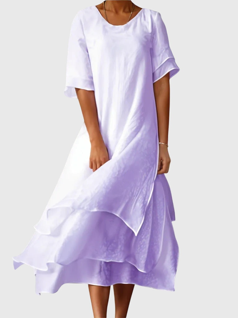 Round Neck Layered Chiffon Tiered Hem Short Sleeve Maxi Dress