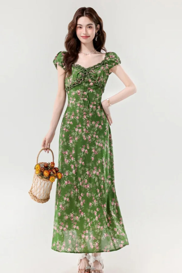 Retro Slim Green V - Neck Floral Dress