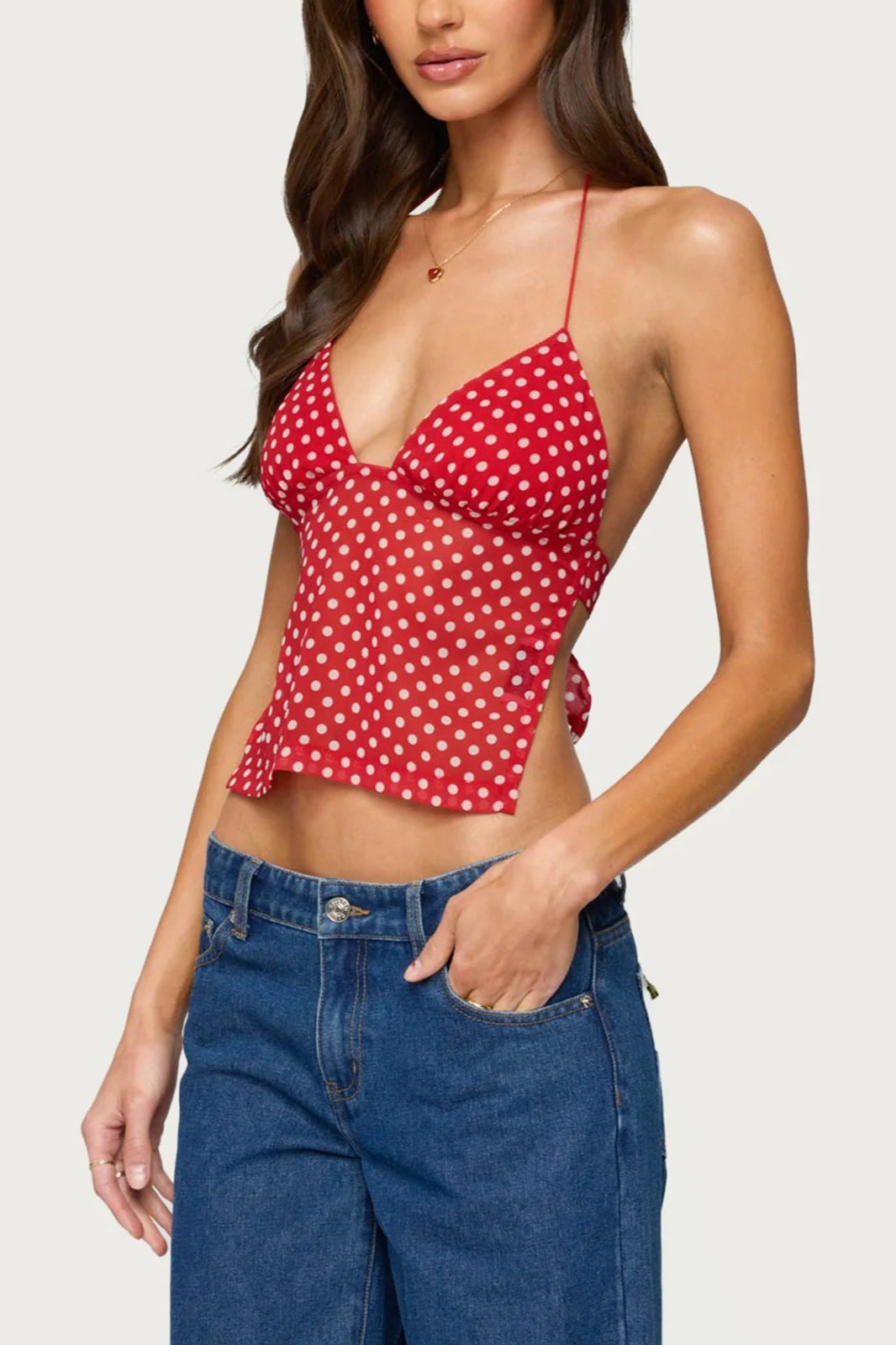 Polka Dot Backless Halter Slim Blouse