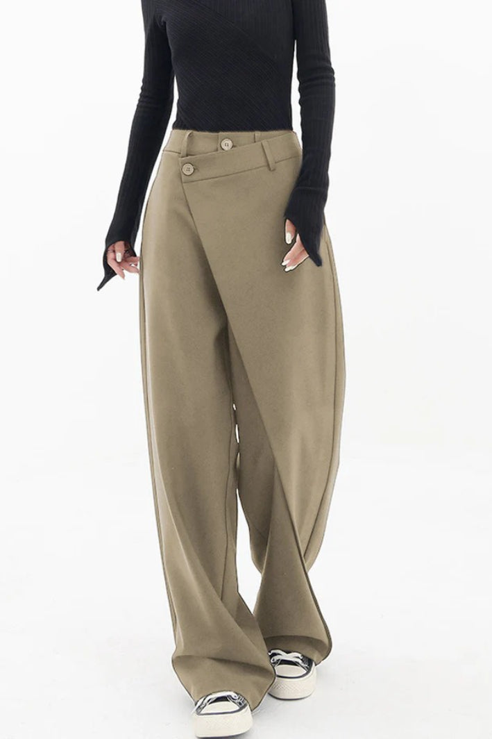 Asymmetric Layered Button Loose Wide Leg Pants1