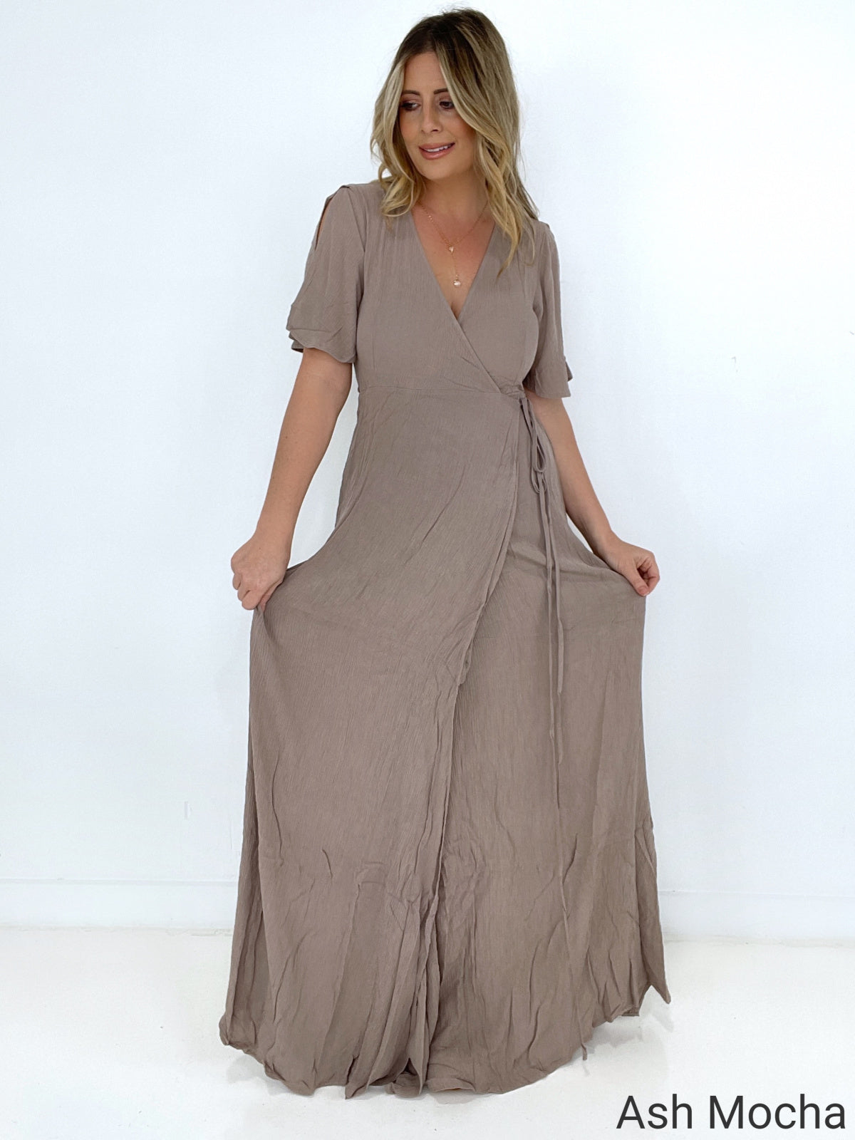 V-Neck Flutter Sleeve Crinkle Gauze Wrap Tie Flowy Maxi Dress