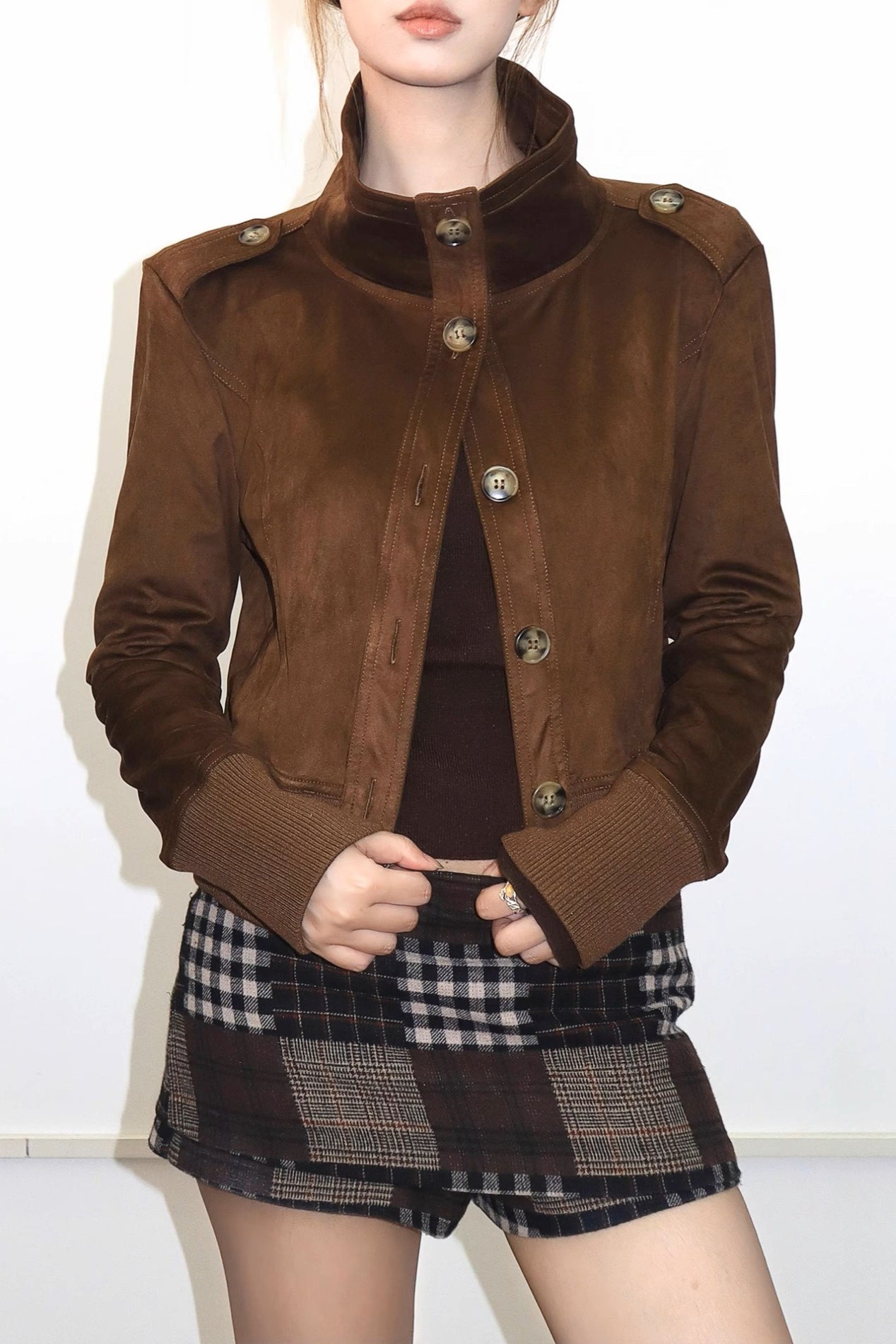 Classic Two-Tone Suede Slim Cropped Jacket